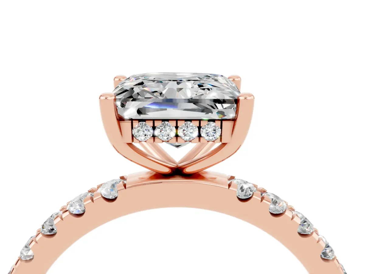 Princess Cut Moissanite Pave Band Solitaire Ring with Round and Prong Setting Rose gold