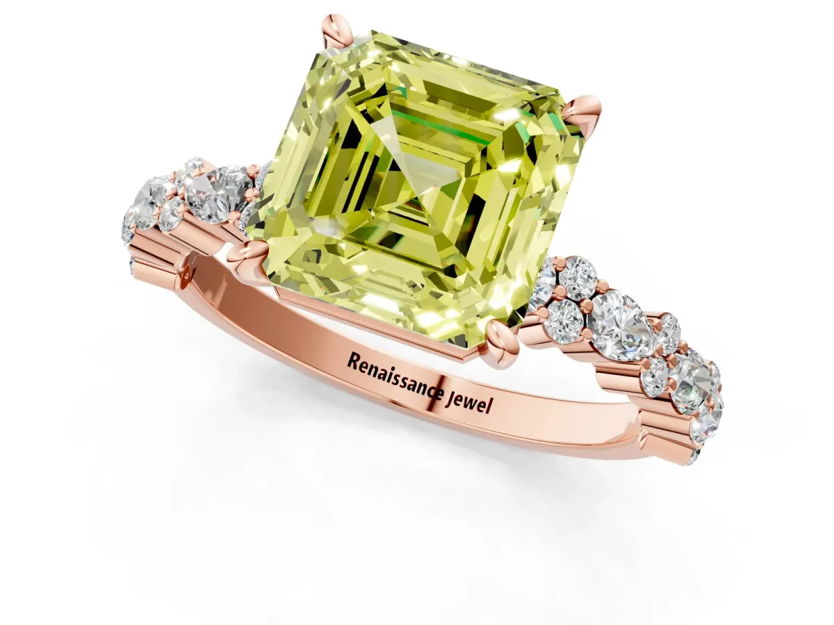 Fancy Yellow Asscher Cut Diamond Side Stone Solitaire Ring with Round and Four-Prong Setting Rose gold