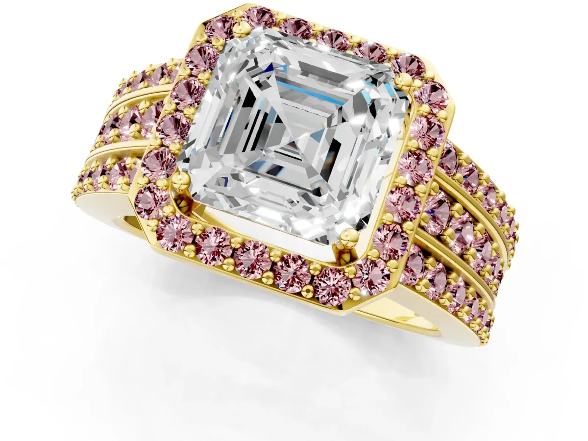 Asscher Cut Halo Diamond Ring with Round Morganite Split Shank and Prong Setting Yellow gold