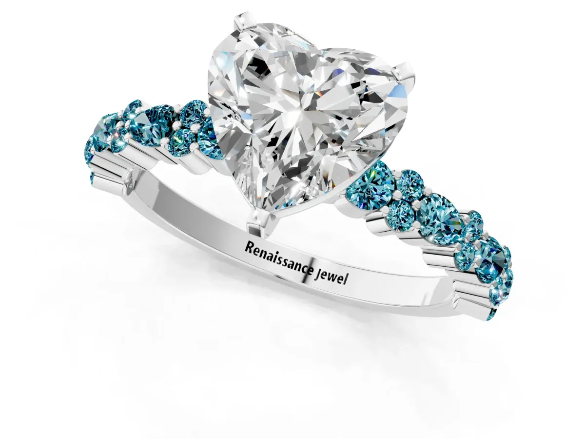 Heart Cut Diamond Side Stone Solitaire Ring with Round Blue Topaz and Four-Prong Setting Platinum