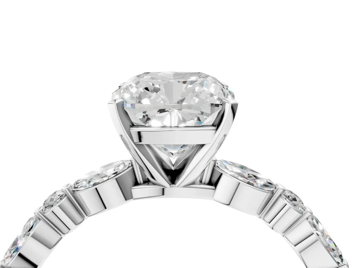 Cushion Cut Diamond Ring with Marquise and Round Moissanite Side Stones and Four-Prong Setting Silver