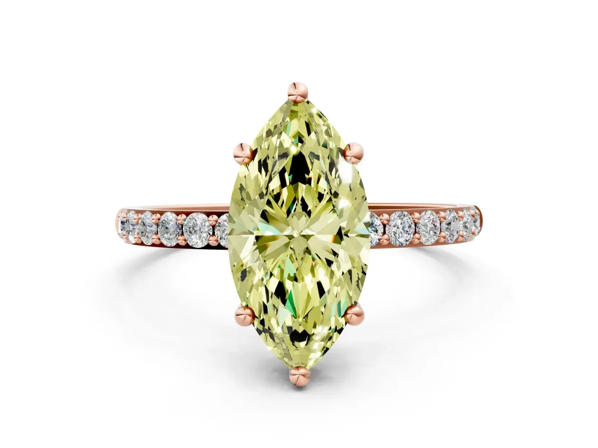 Fancy Yellow Marquise Cut Diamond Solitaire Ring with Round Pavé Band and Prong Setting Rose gold