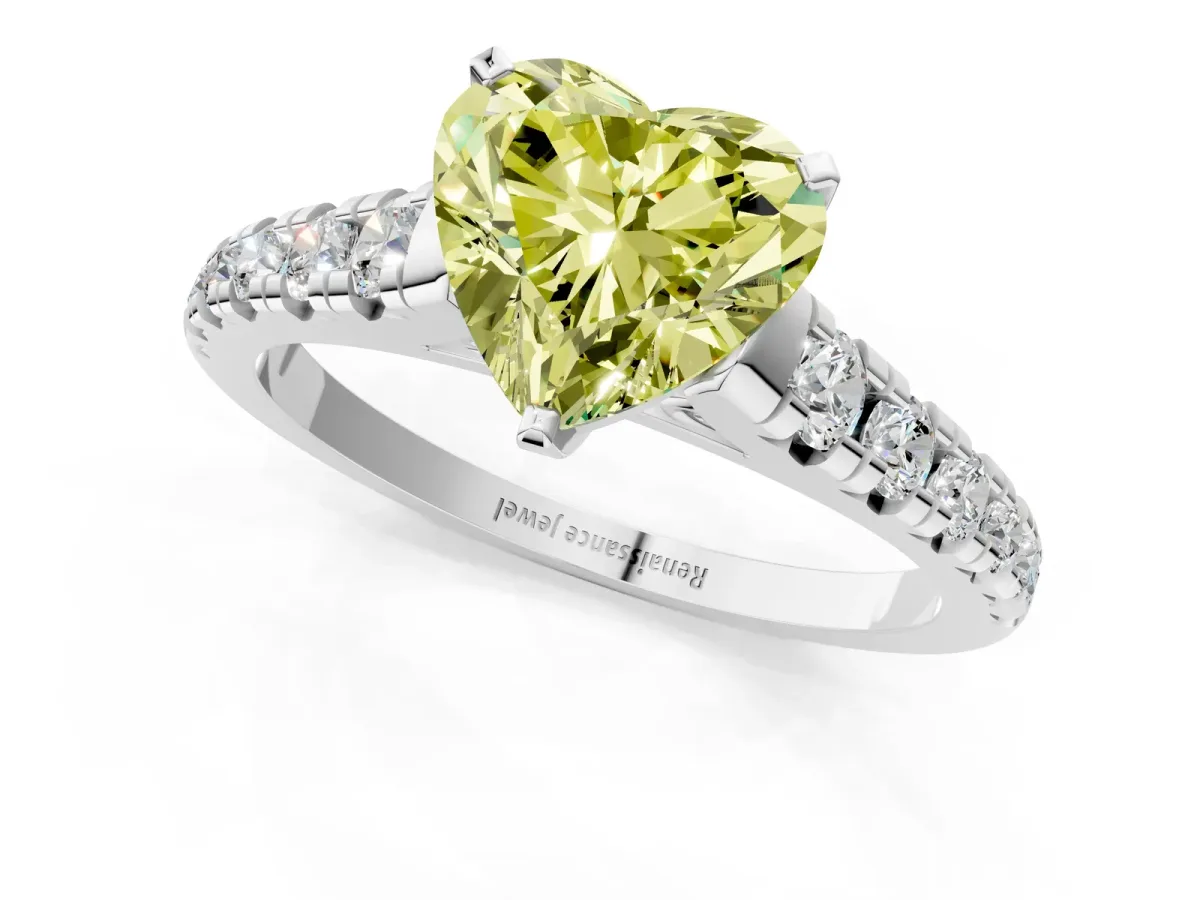Fancy Yellow Heart Cut Diamond Cathedral Solitaire Ring with Round Pavé Band Platinum