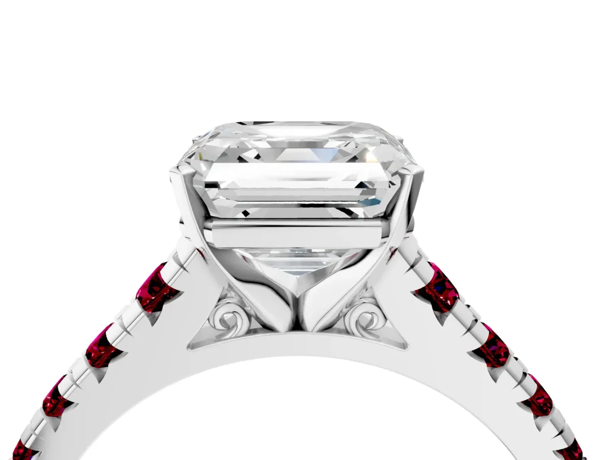 Asscher Cut Diamond Cathedral Solitaire Ring with Round Garnet Pavé Band Platinum