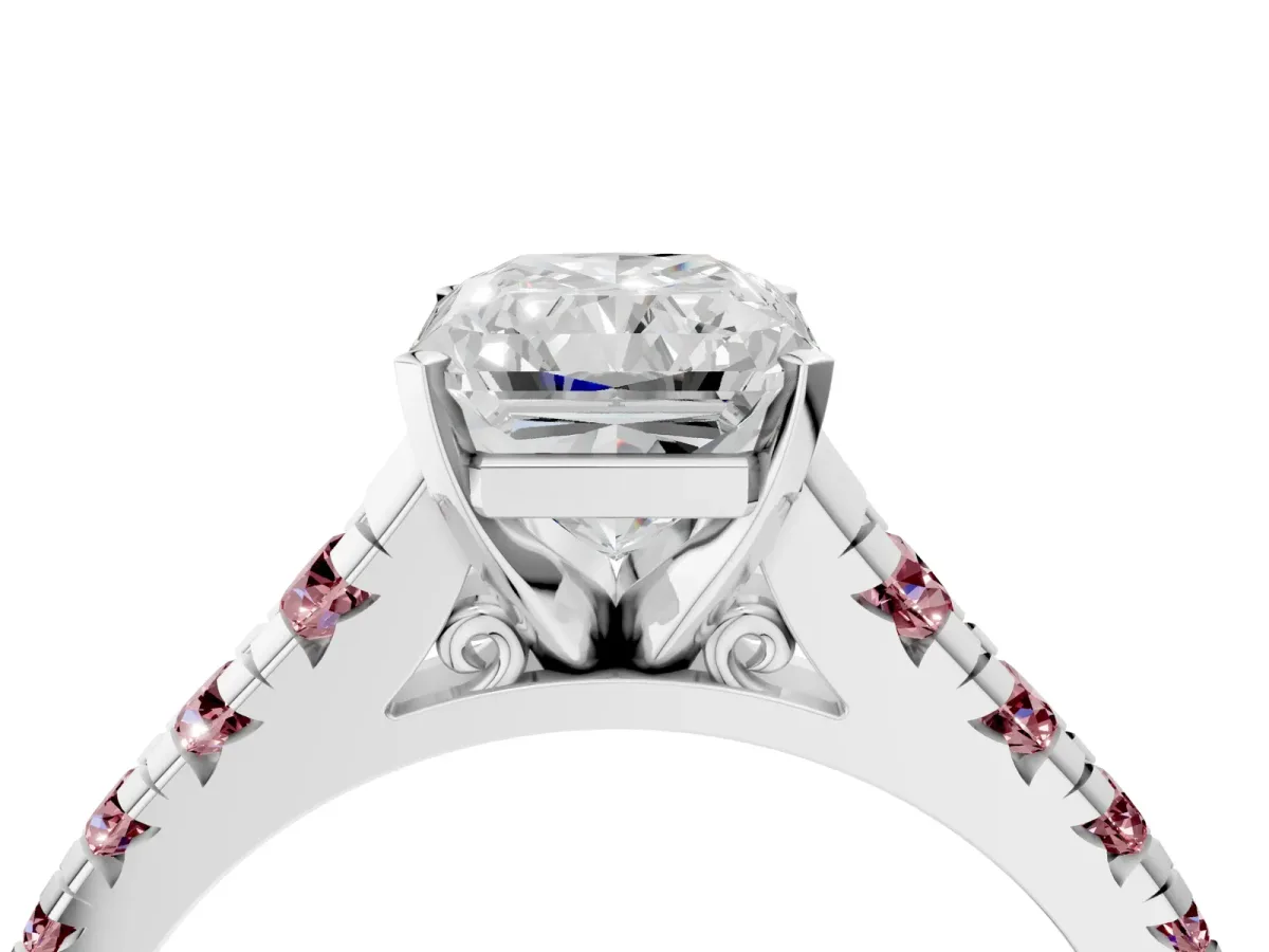 Radiant Cut Diamond Cathedral Solitaire Ring with Round Morganite Pavé Band Silver