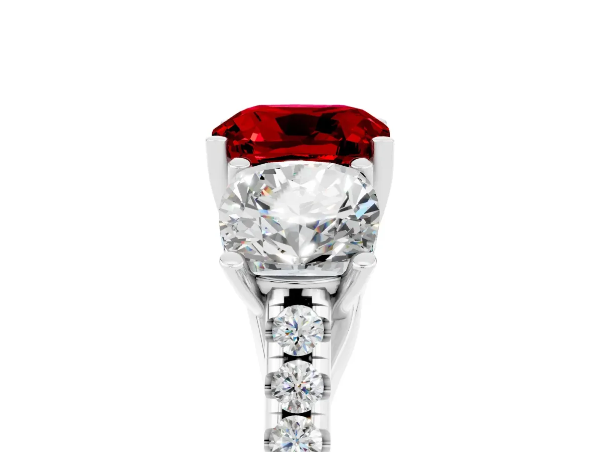 Three-Stone Cushion Cut Ruby Ring with Round Pavé Band and Prong Setting White gold