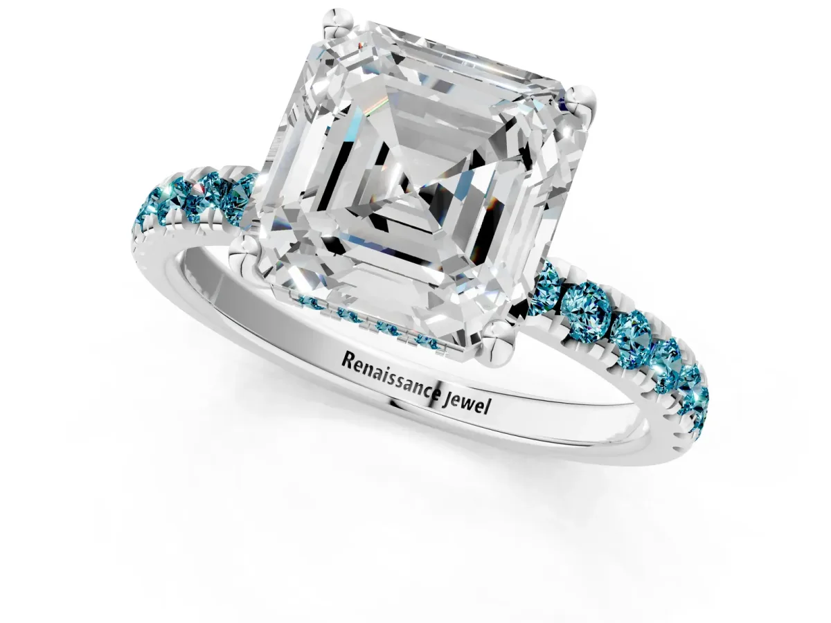 Asscher Cut Diamond Pave Band Solitaire Ring with Round Blue Topaz and Prong Setting Platinum