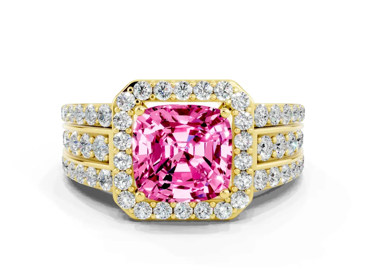 Cushion Cut Halo Pink Sapphire Ring with Round Split Shank and Prong Setting Yellow gold