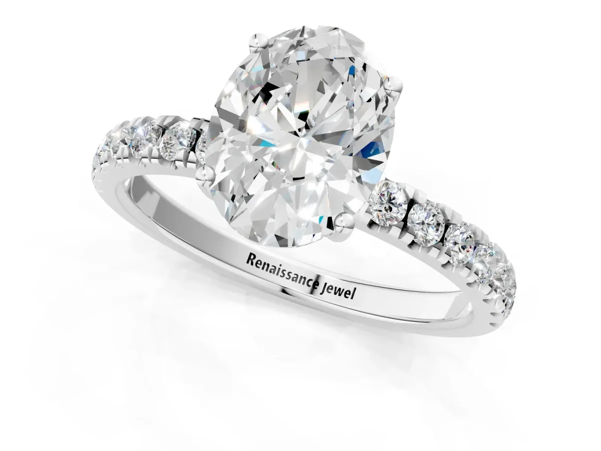Oval Cut Diamond Pave Band Solitaire Ring with Round and Prong Setting White gold