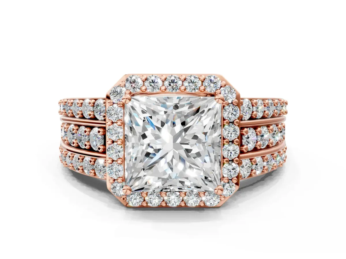 Princess Cut Halo Diamond Ring with Round Split Shank and Prong Setting Rose gold