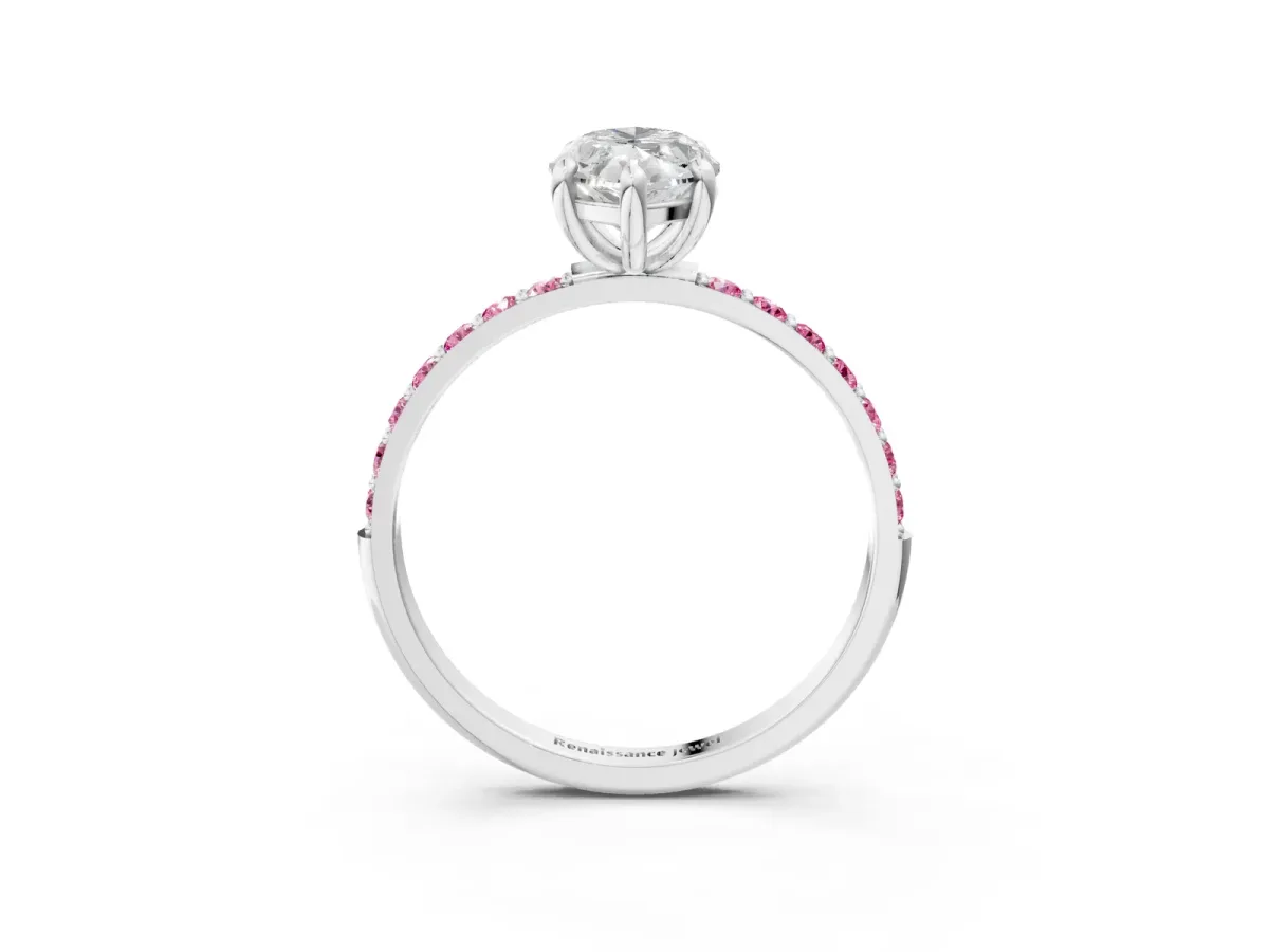 Marquise Cut Diamond Solitaire Ring with Round Pink Sapphire Pavé Band and Prong Setting Silver