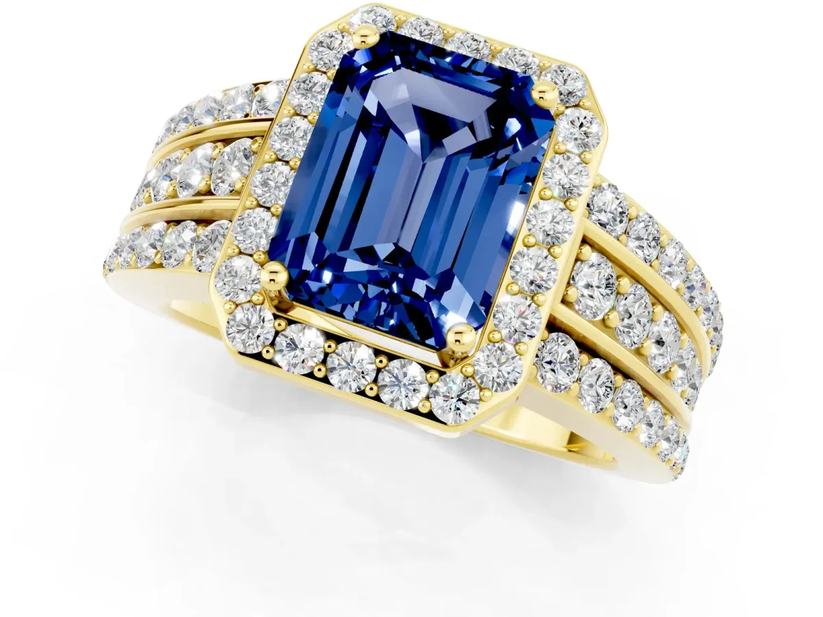 Emerald Cut Halo Blue Sapphire Ring with Round Split Shank and Prong Setting Yellow gold