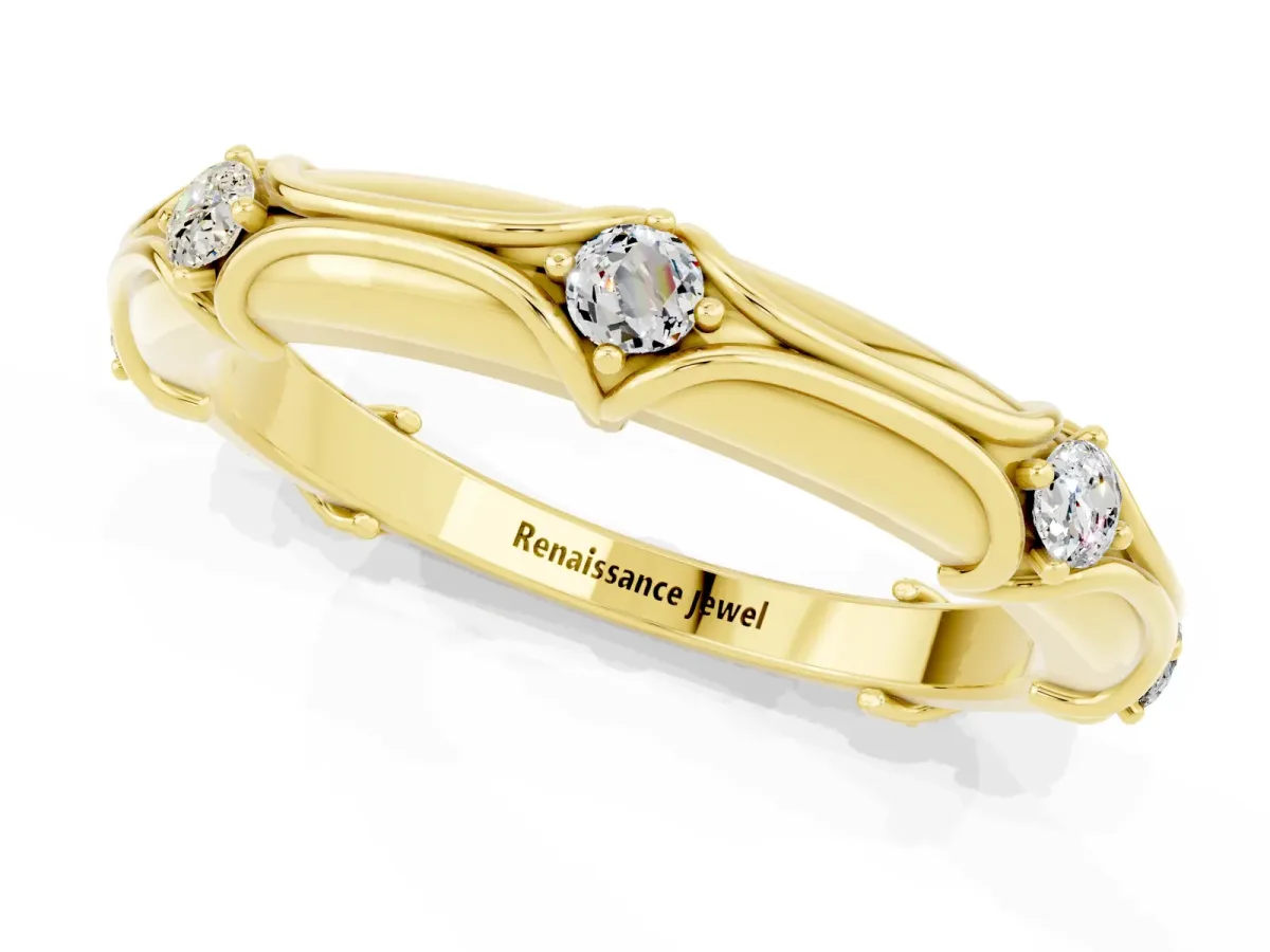 Round Moissanite Prong Set Milgrain Eternity Band Yellow gold