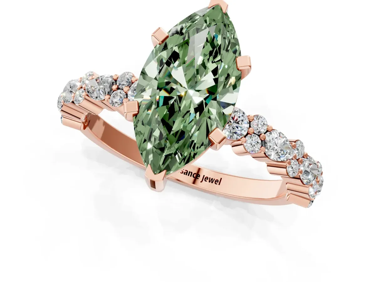 Fancy Green Marquise Cut Diamond Side Stone Solitaire Ring with Round and Four-Prong Setting Rose gold