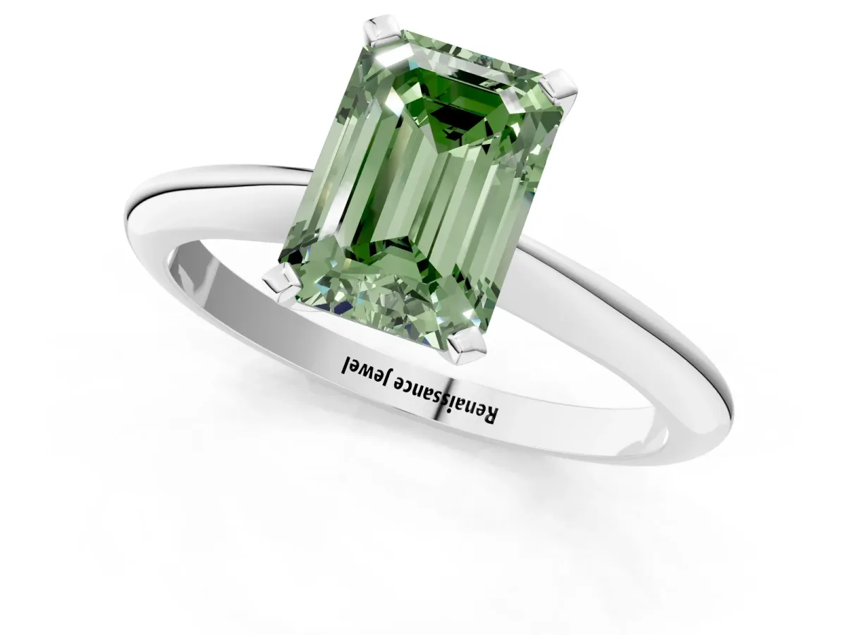 Fancy Green Emerald Cut Diamond Solitaire Engagement Ring with Classic Band and Four-Prong Setting Platinum