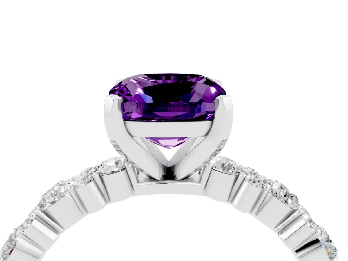 Cushion Cut Amethyst Side Stone Solitaire Ring with Round and Four-Prong Setting White gold