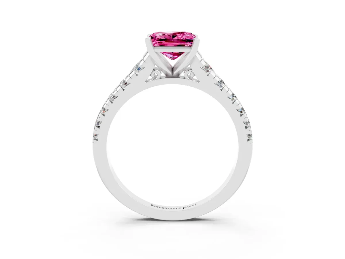 Princess Cut Pink Sapphire Cathedral Solitaire Ring with Round Pavé Band Platinum