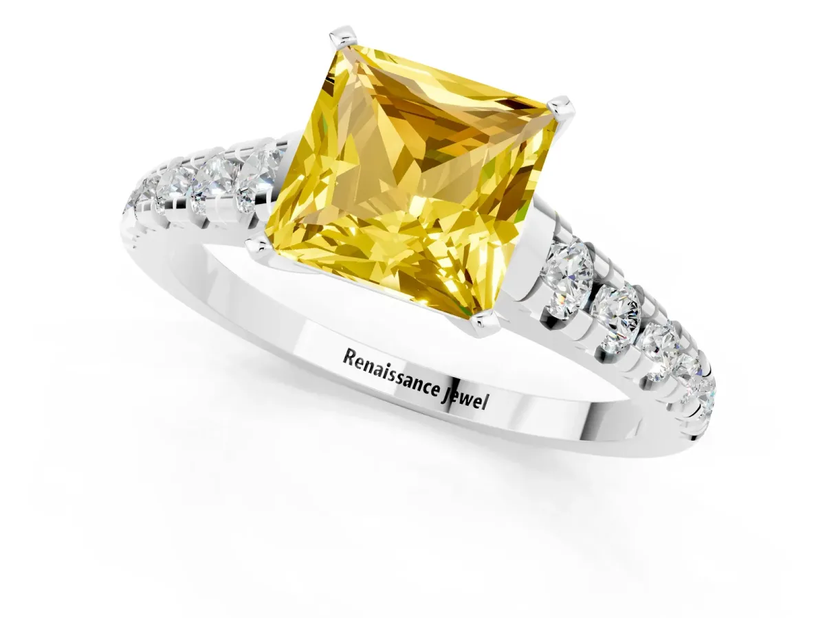 Princess Cut Yellow Sapphire Cathedral Solitaire Ring with Round Pavé Band Platinum
