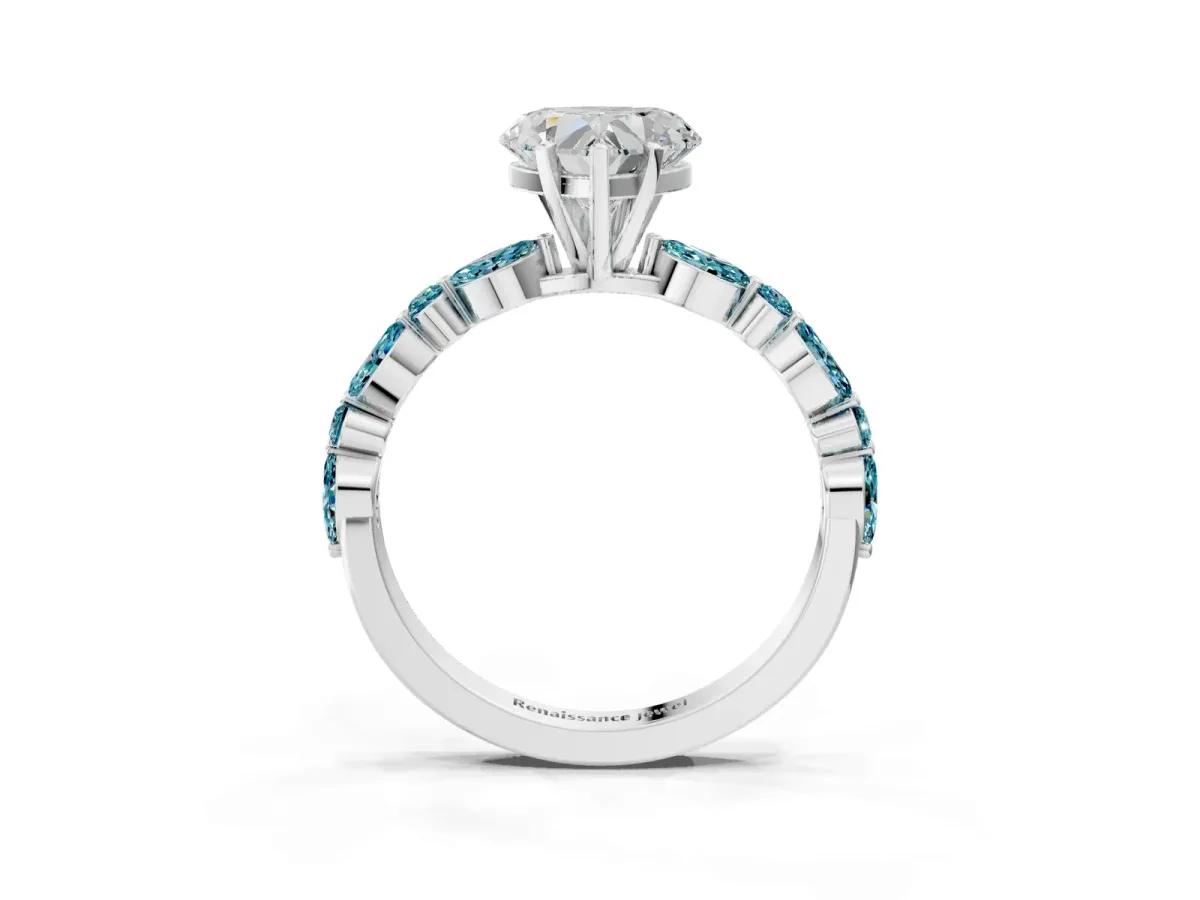 Heart Cut Diamond Ring with Marquise and Round Blue Topaz Side Stones and Four-Prong Setting Platinum