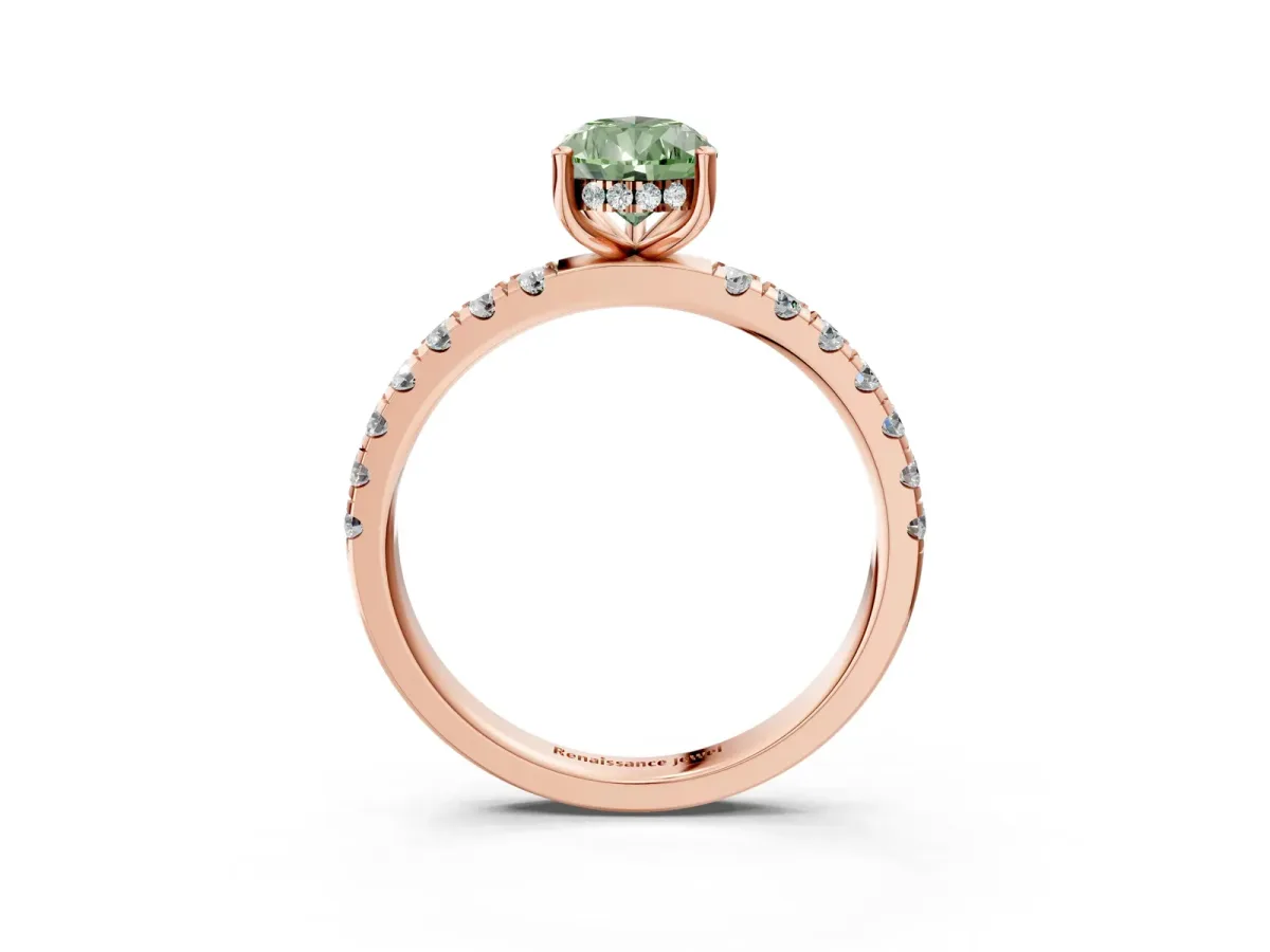 Fancy Green Pear Cut Diamond Pave Band Solitaire Ring with Round and Prong Setting Rose gold
