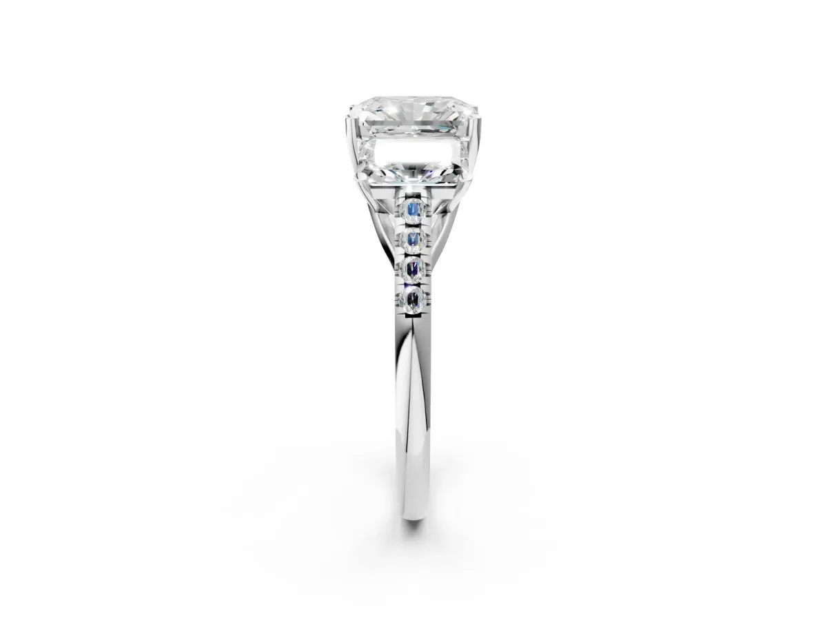 Three-Stone Radiant Cut Diamond Ring with Round Moissanite Pavé Band and Prong Setting Silver
