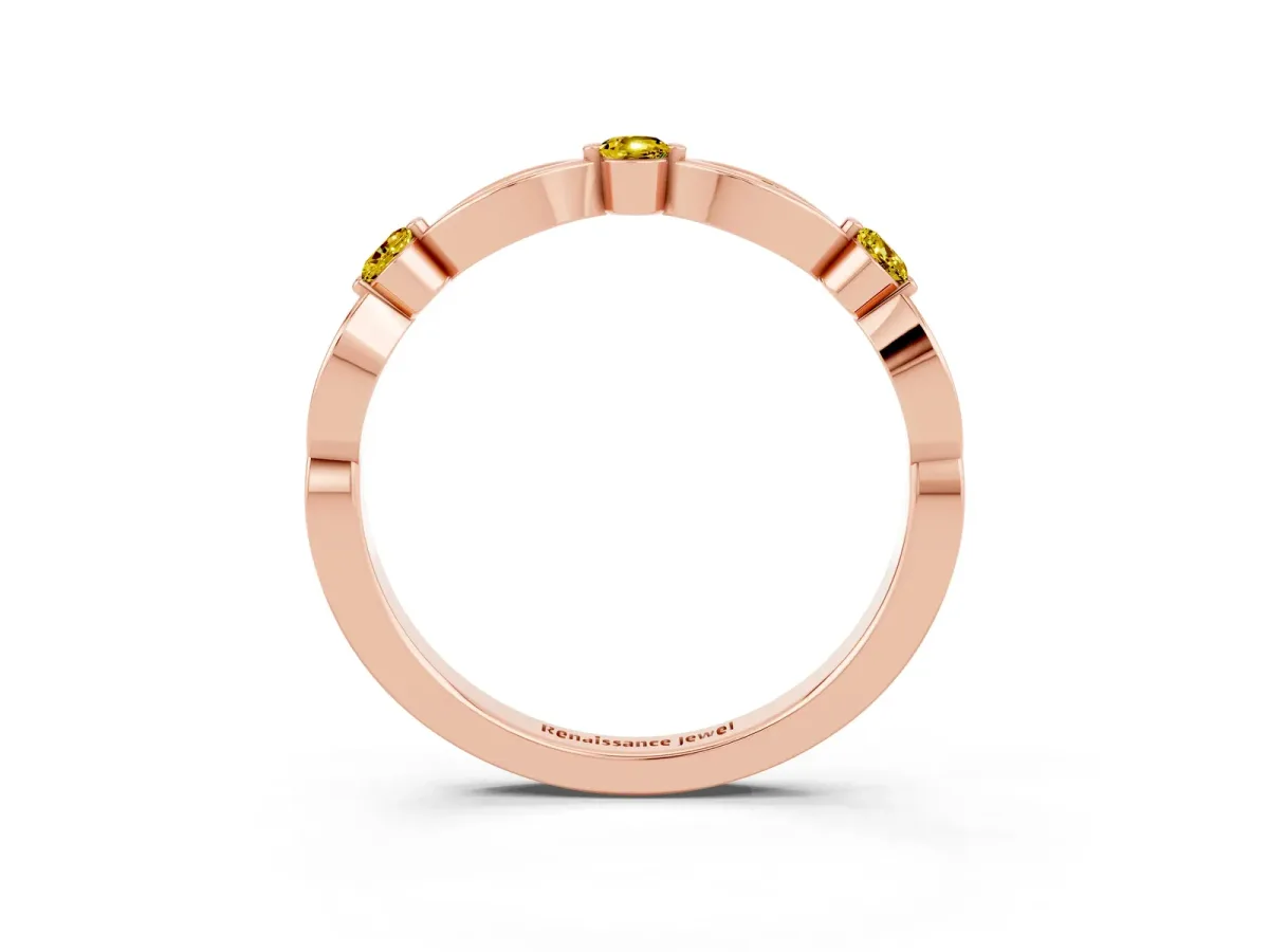 Marquise and Round Yellow Sapphire Milgrain Band with Bezel Setting Rose gold