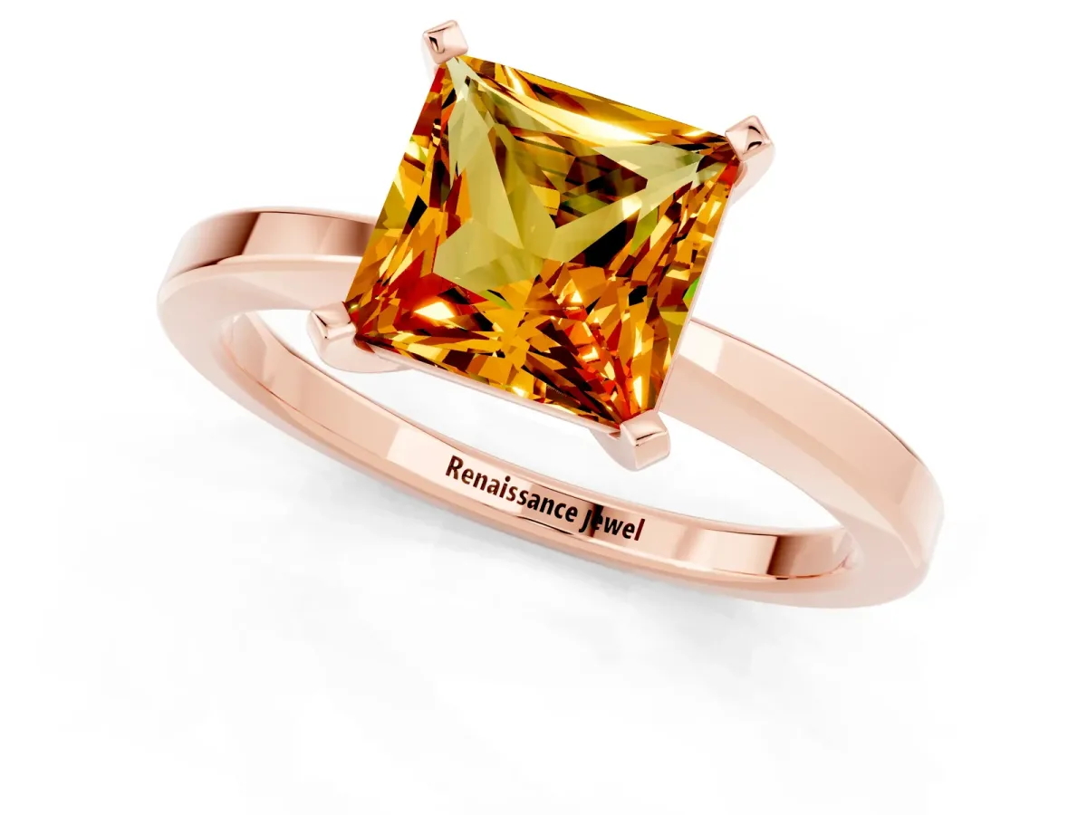 Princess Cut Citrine Solitaire Engagement Ring with Classic Band and Four-Prong Setting Rose gold