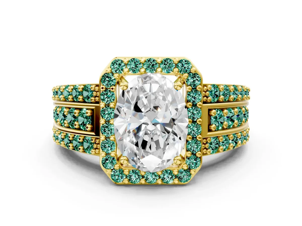 Oval Cut Halo Diamond Ring with Round Green Sapphire Split Shank and Prong Setting Yellow gold