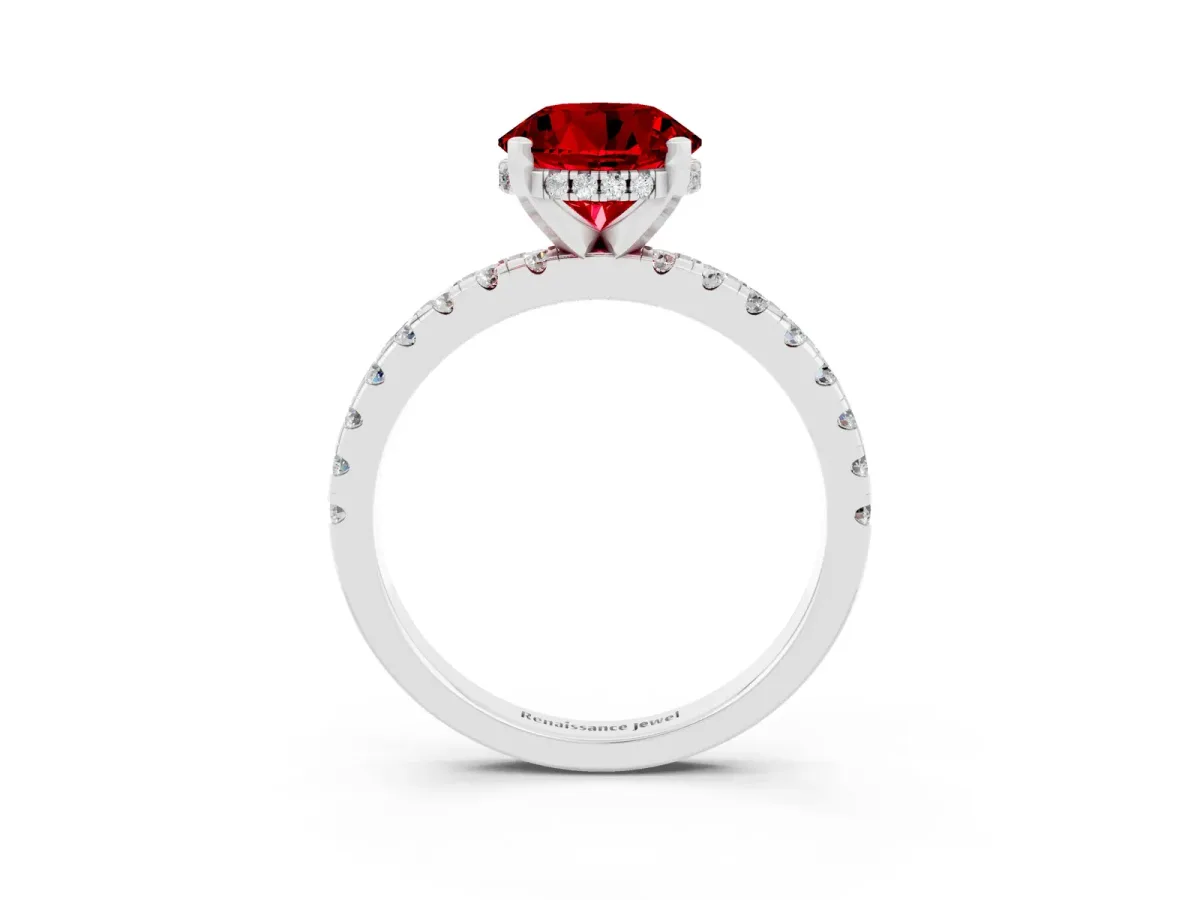 Round Cut Ruby Solitaire Ring with Round Pavé Band and Four-Prong Setting White gold