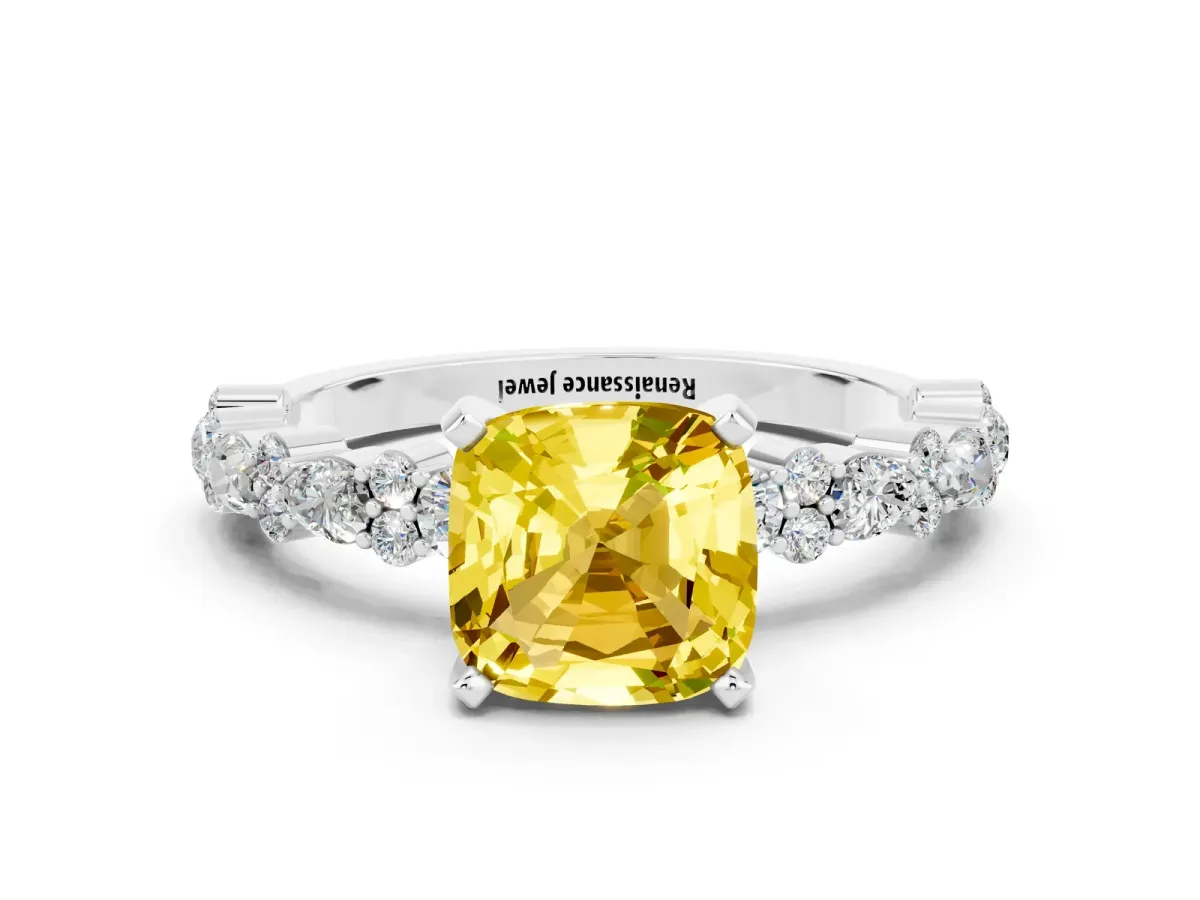 Cushion Cut Yellow Sapphire Side Stone Solitaire Ring with Round and Four-Prong Setting Platinum