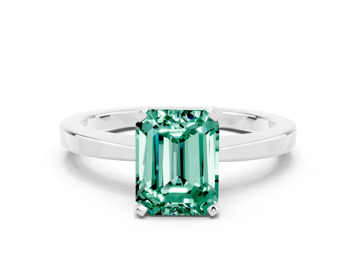 Emerald Cut Green Sapphire Solitaire Engagement Ring with Classic Band and Four-Prong Setting Silver