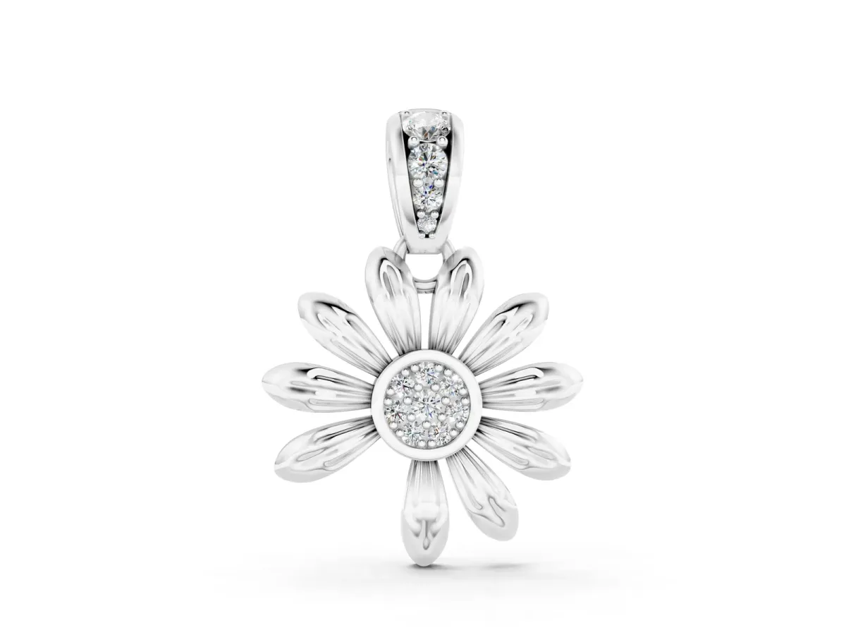 Round Diamond Daisy Flower Pendant with Diamond Accents White gold