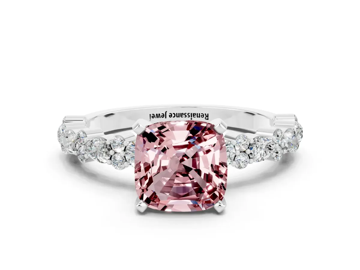 Cushion Cut Morganite Side Stone Solitaire Ring with Round and Four-Prong Setting Platinum