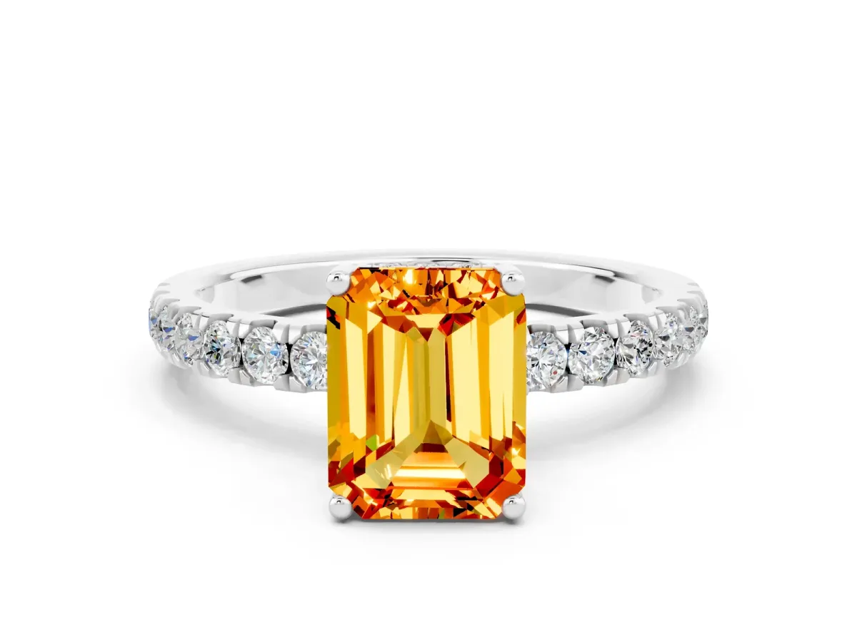Emerald Cut Citrine Pave Band Solitaire Ring with Round and Prong Setting Silver