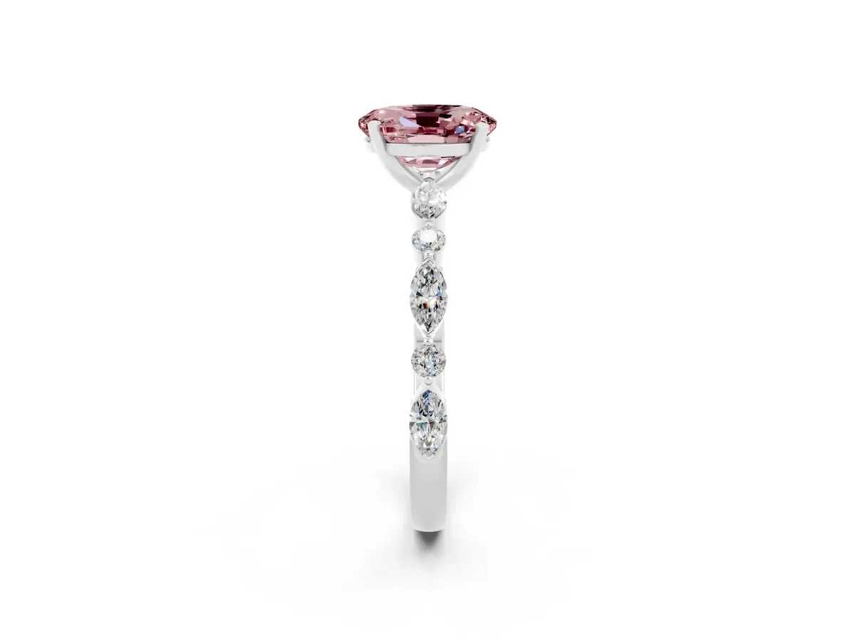 Oval Cut Morganite Ring with Marquise and Round Side Stones and Four-Prong Setting Silver