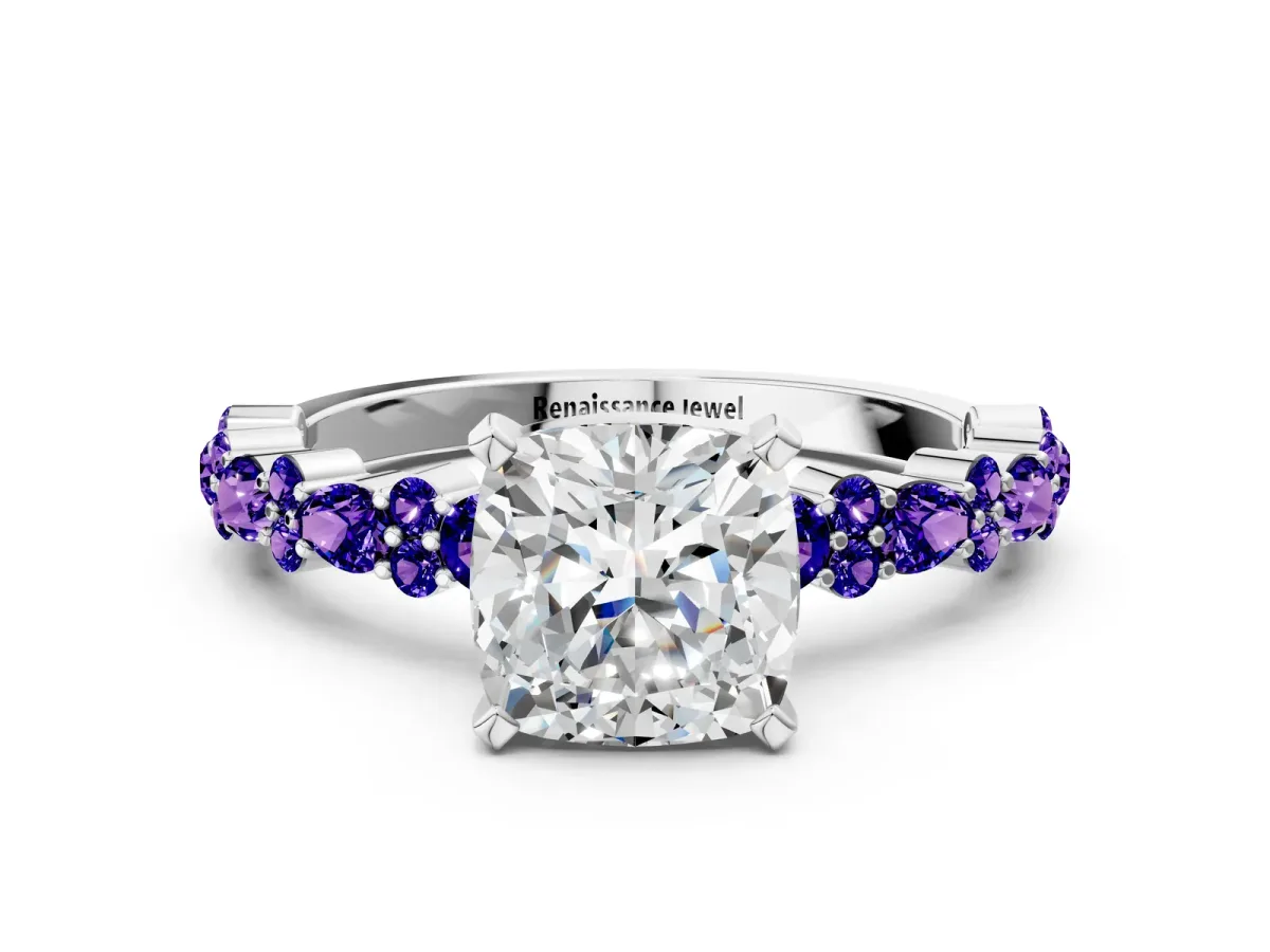 Cushion Cut Diamond Side Stone Solitaire Ring with Round Tanzanite and Four-Prong Setting Platinum