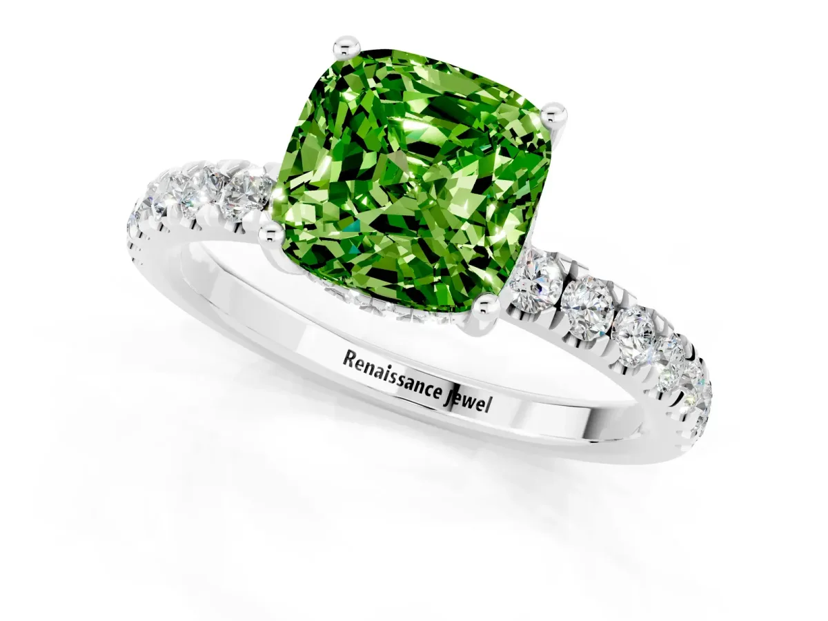 Cushion Cut Peridot Pave Band Solitaire Ring with Round and Prong Setting Platinum