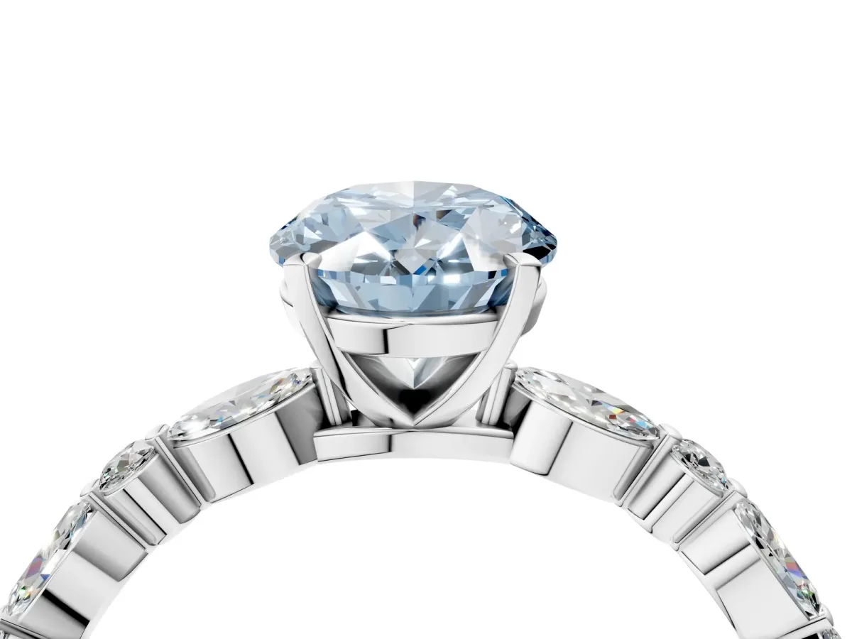 Fancy Blue Oval Cut Diamond Ring with Marquise and Round Side Stones and Four-Prong Setting Platinum
