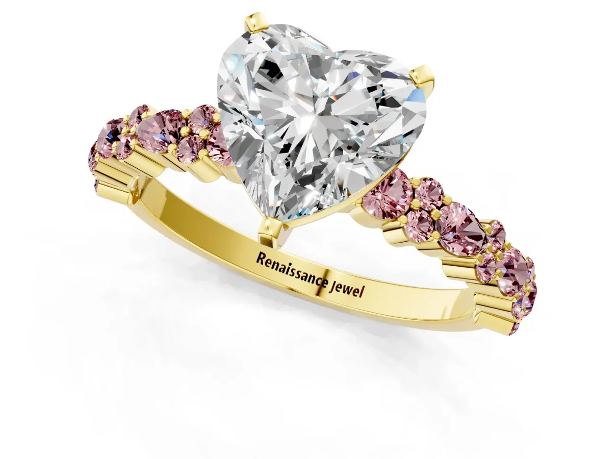 Heart Cut Diamond Side Stone Solitaire Ring with Round Morganite and Four-Prong Setting Yellow gold