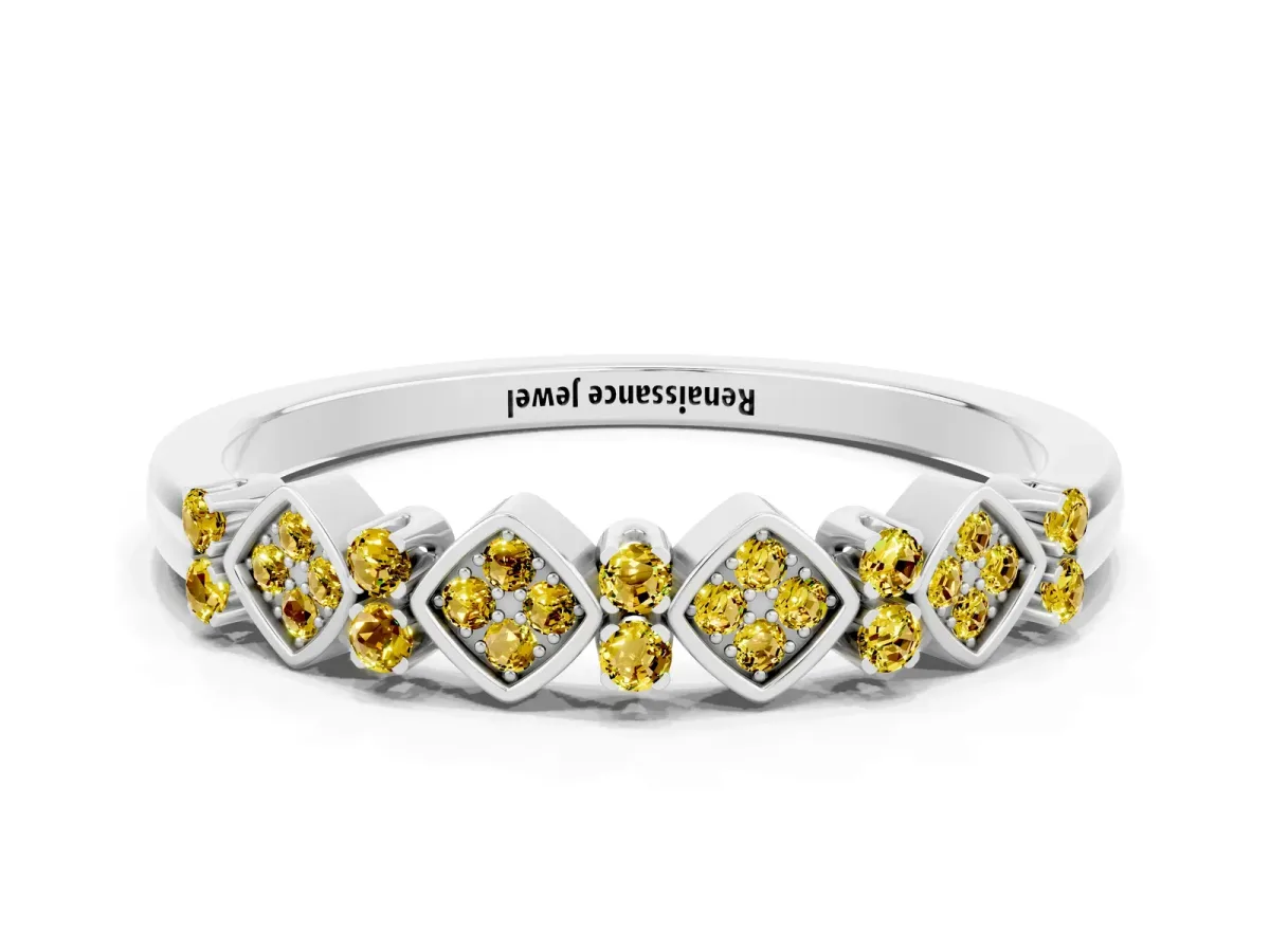 Pavé Cushion Yellow Sapphire Cluster Eternity Band with Prong Setting Silver