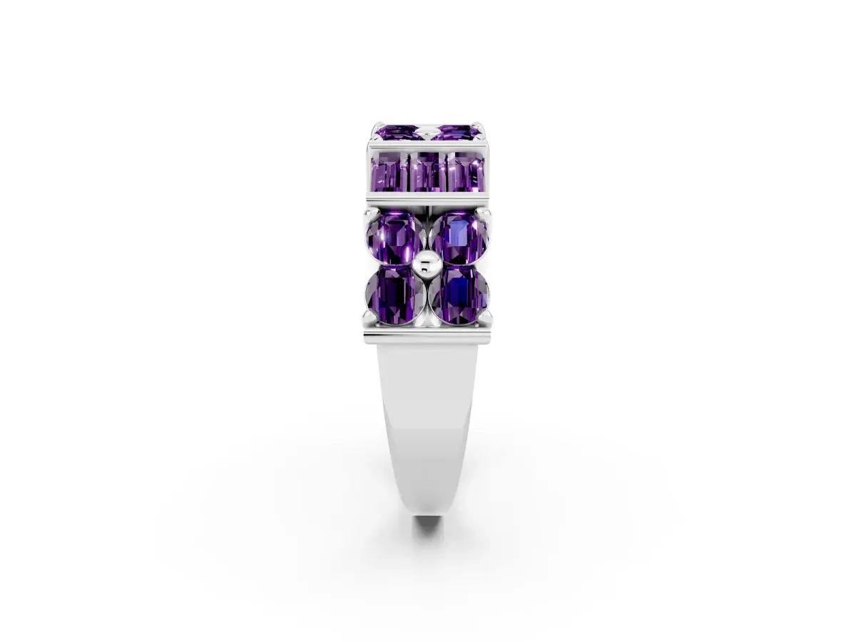 Channel Set Round and Baguette Amethyst Anniversary Band with Prong Setting Platinum