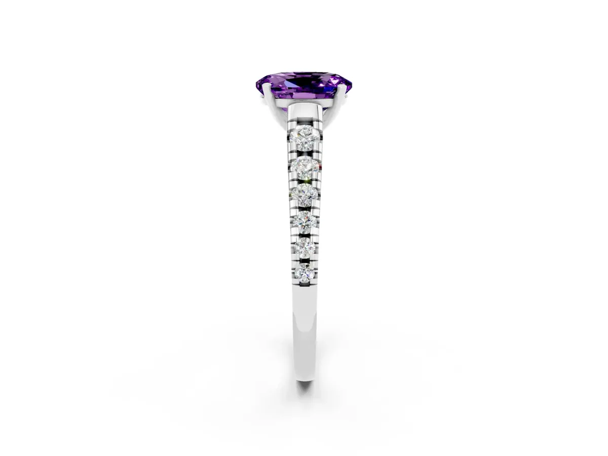 Oval Cut Amethyst Cathedral Solitaire Ring with Round Pavé Band Silver