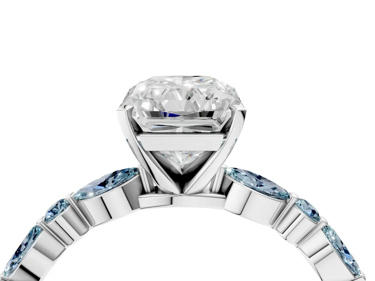Radiant Cut Diamond Ring with Marquise and Round Aquamarine Side Stones and Four-Prong Setting Silver