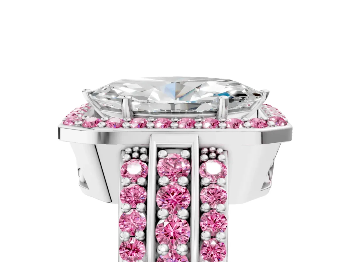 Marquise Cut Halo Diamond Ring with Round Pink Sapphire Split Shank and Prong Setting Platinum