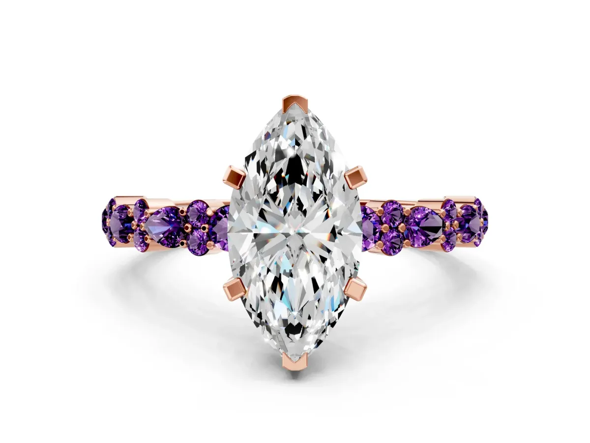 Marquise Cut Diamond Side Stone Solitaire Ring with Round Amethyst and Four-Prong Setting Rose gold