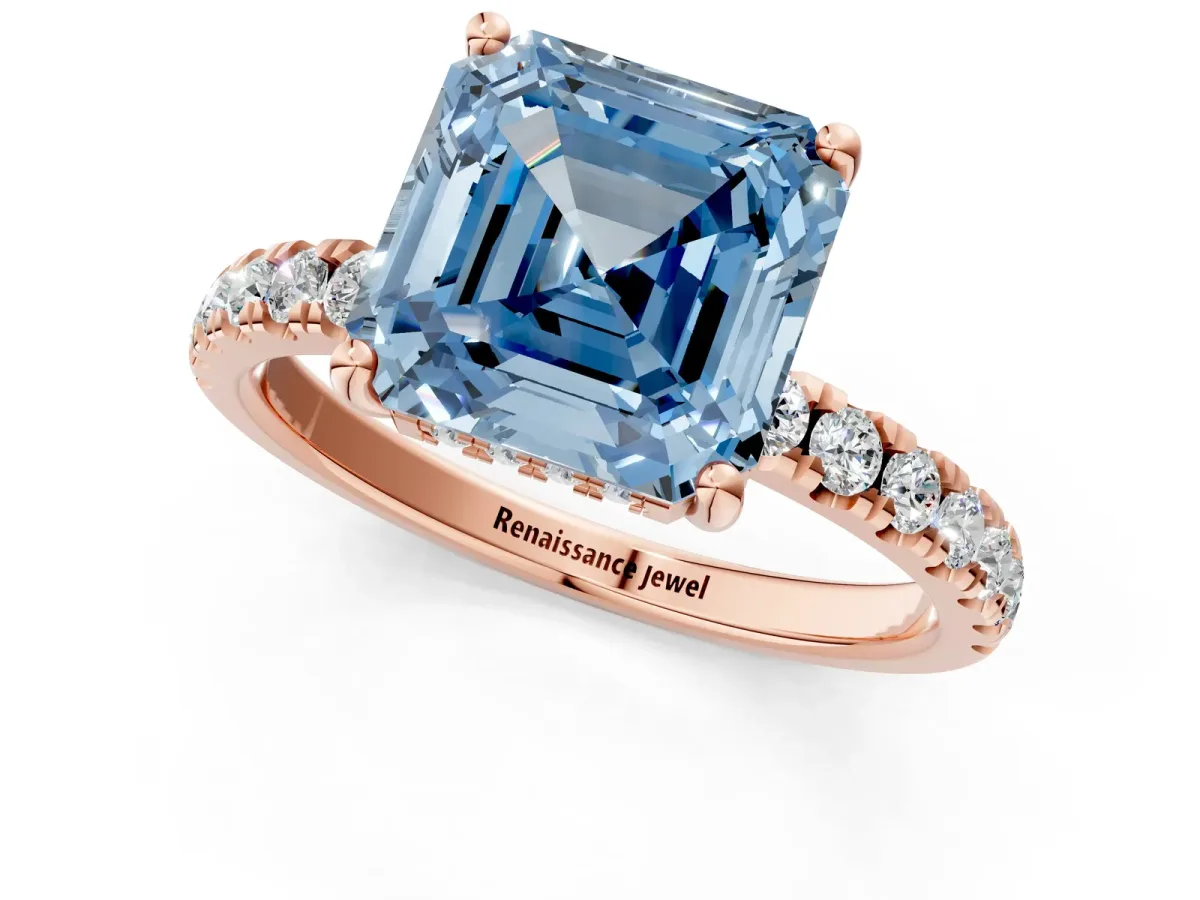 Fancy Blue Asscher Cut Diamond Pave Band Solitaire Ring with Round and Prong Setting Rose gold