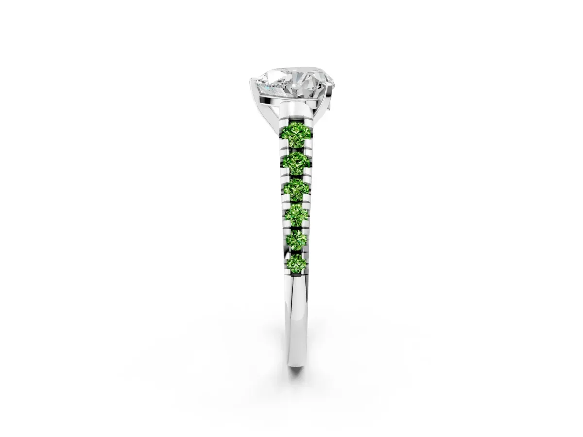 Heart Cut Diamond Cathedral Solitaire Ring with Round Peridot Pavé Band Silver