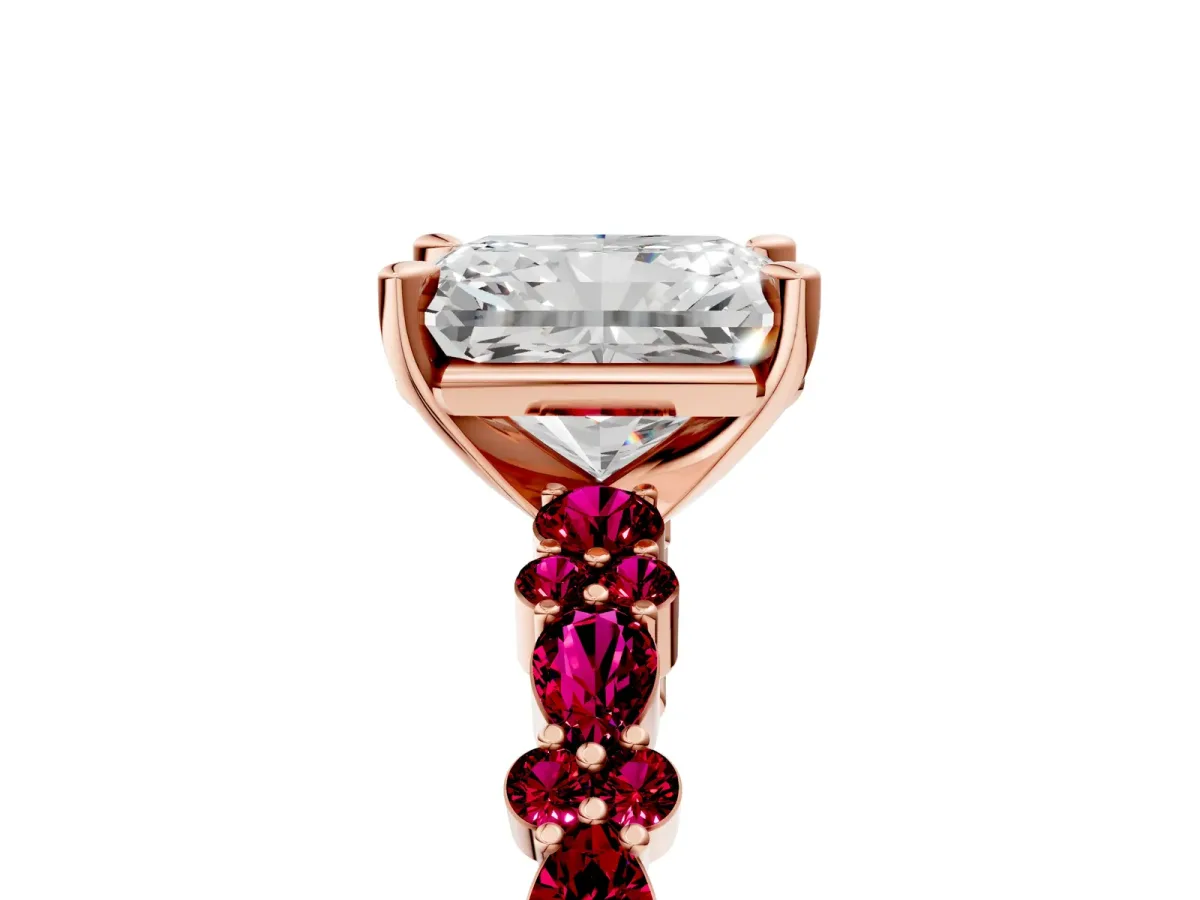 Radiant Cut Diamond Side Stone Solitaire Ring with Round Garnet and Four-Prong Setting Rose gold