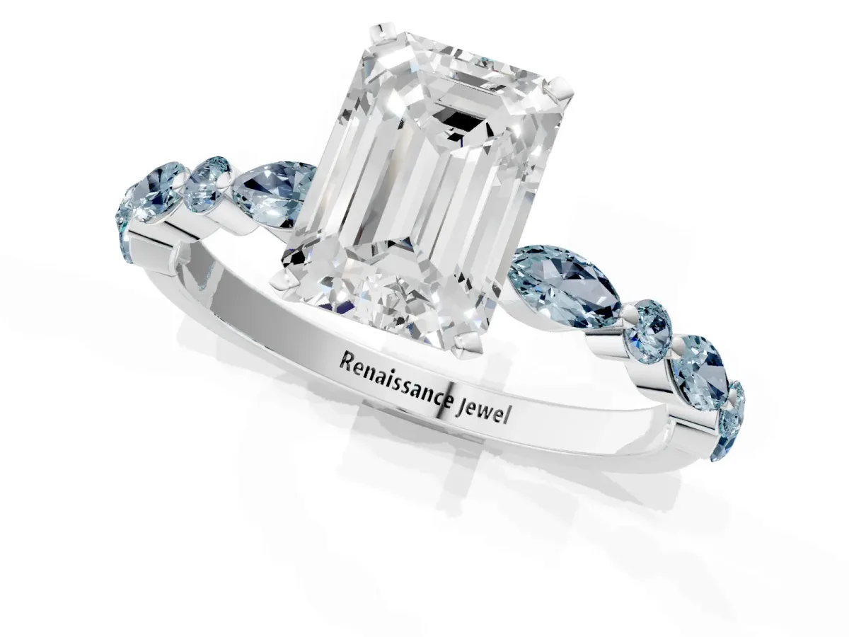 Emerald Cut Diamond Ring with Marquise and Round Aquamarine Side Stones and Four-Prong Setting Silver