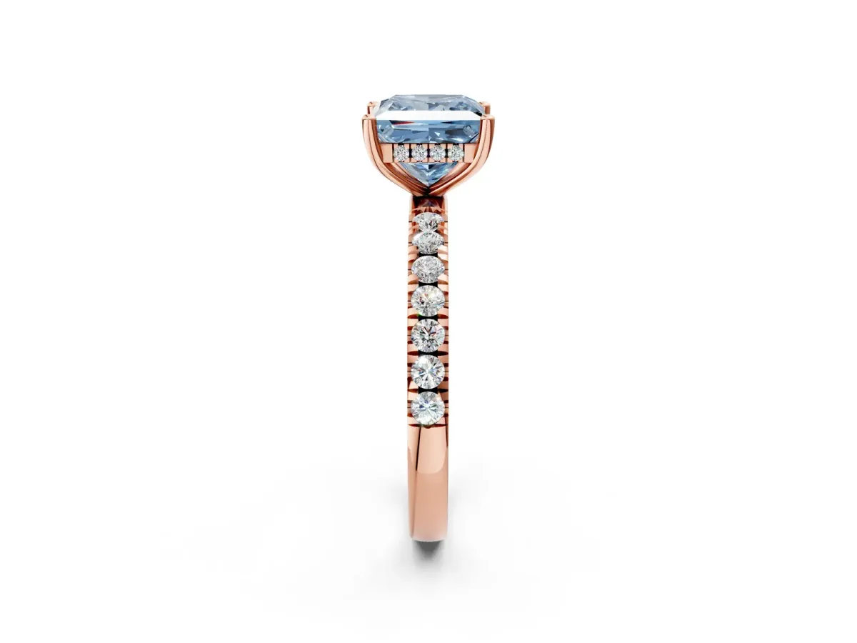 Fancy Blue Princess Cut Diamond Pave Band Solitaire Ring with Round and Prong Setting Rose gold